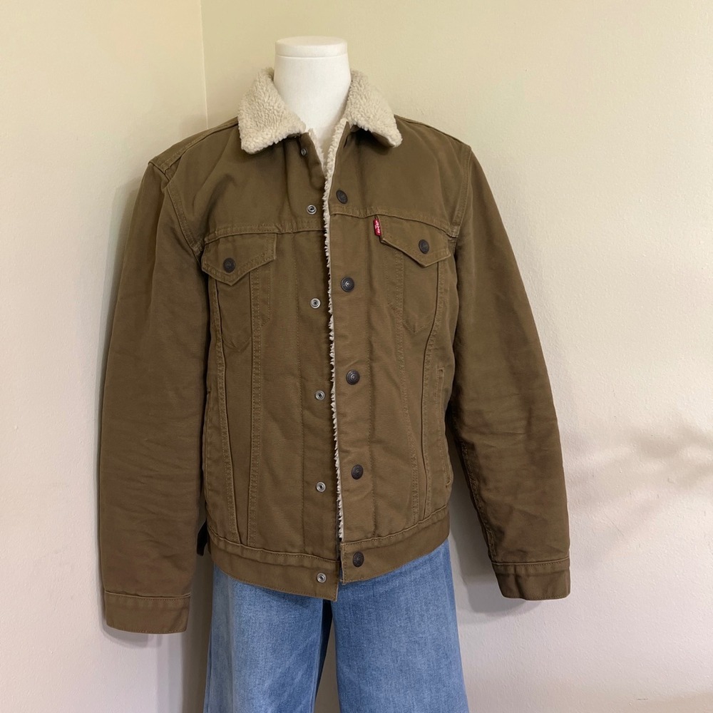 Levis Sherpa Lined Trucker Jacket Brown Canvas Faux Fur Collar Womens Small